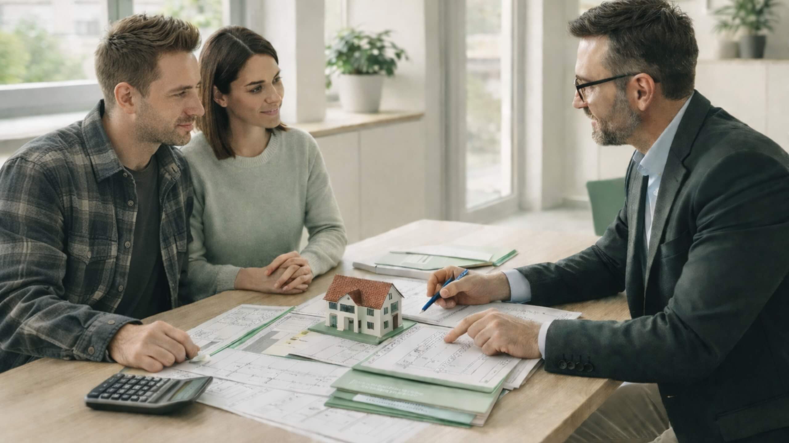 Finanzberatung zu Baudarlehen mit Bauplänen und Hausmodell für den Immobilienkauf