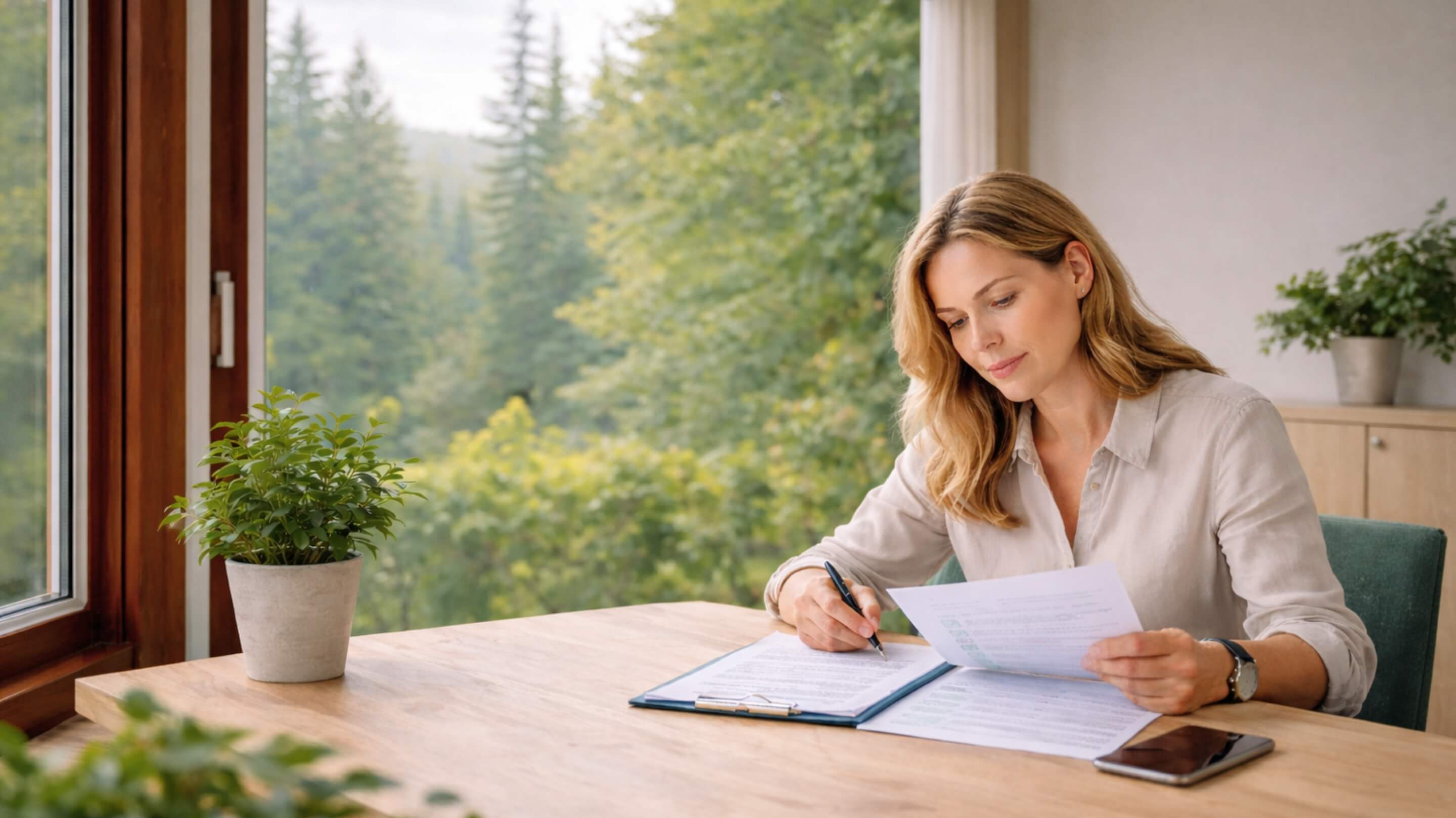 Frau prüft Leistungsumfang einer privaten Krankenversicherung in ruhiger Arbeitsatmosphäre