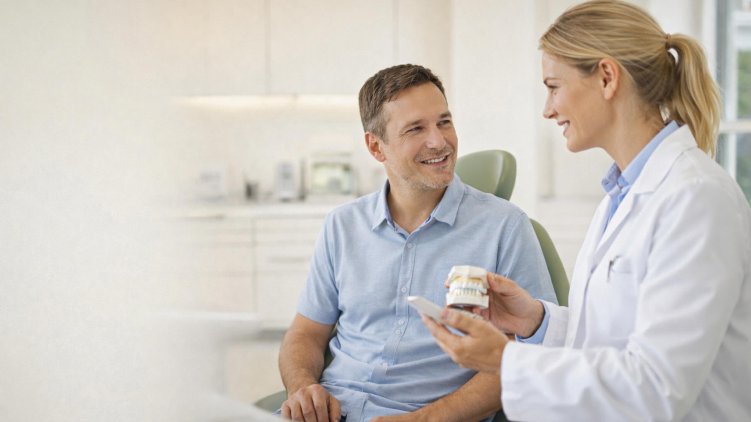 Zahnärztin erklärt Patient Zahnersatz in moderner Zahnarztpraxis – Beratungsgespräch zu Zahnarztkosten