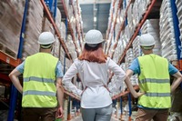 3 Arbeiter stehen vor Regalen in einer Lagerhalle