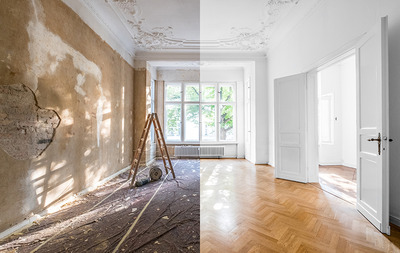 Eine Wohnung welche innensaniert wird, Vorher und Nachherbild