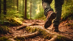 Wanderer auf einem Waldweg mit Baumwurzeln – Symbolbild für den langfristigen Weg zum Vermögensaufbau und zu stabilen finanziellen Entscheidungen.