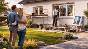 Einfamilienhaus während Modernisierung mit neuem Fenster