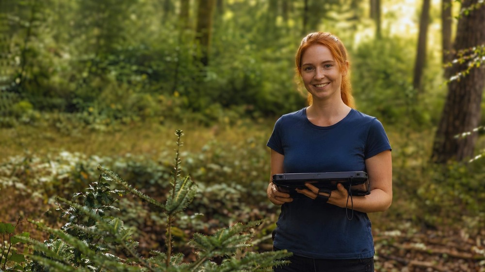 Forstmitarbeiterin mit Tablet in einem Wald