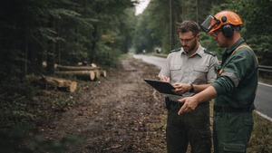 Forstbeamt:innen im Gespräch bei der Planung im Wald, prüfen Unterlagen zur Vermeidung finanzieller Schäden im Dienst