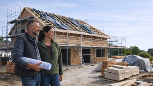 Modernisierungsprojekt mit teilgedecktem Dach, Gerüst und Baumaterialien, Eigentümer betrachten den Baufortschritt.