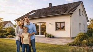 Eltern mit Kind vor eigenem Haus nach Modernisierung in gepflegter Wohnsiedlung