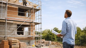Bauherr mit Bauplänen vor Rohbau und Gerüst auf einer Baustelle während der Bauphase.