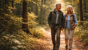 Älteres Paar spaziert entspannt auf einem Waldweg im Sonnenlicht – Symbolbild für langfristigen Vermögensaufbau und eine solide Kapitalanlage.