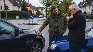 Zwei Personen begutachten Blechschaden nach Autounfall an einer Kreuzung – Alltagssituation mit Haftungsrisiken außerhalb des Dienstes als ergänzende Absicherung