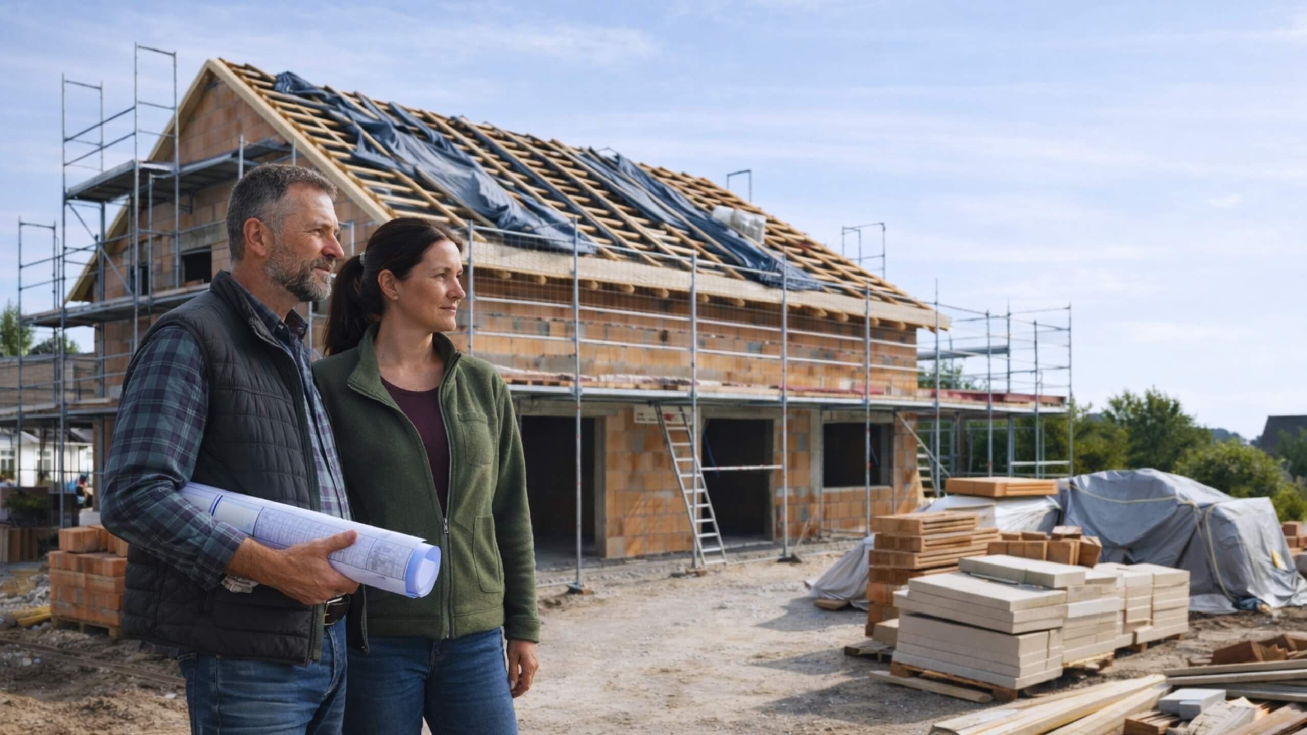 Bauherrenpaar mit Bauplänen vor Einfamilienhaus im Rohbau mit Gerüst und Baumaterialien – Bauleistungsversicherung schützt Bauvorhaben während der Bauphase.
