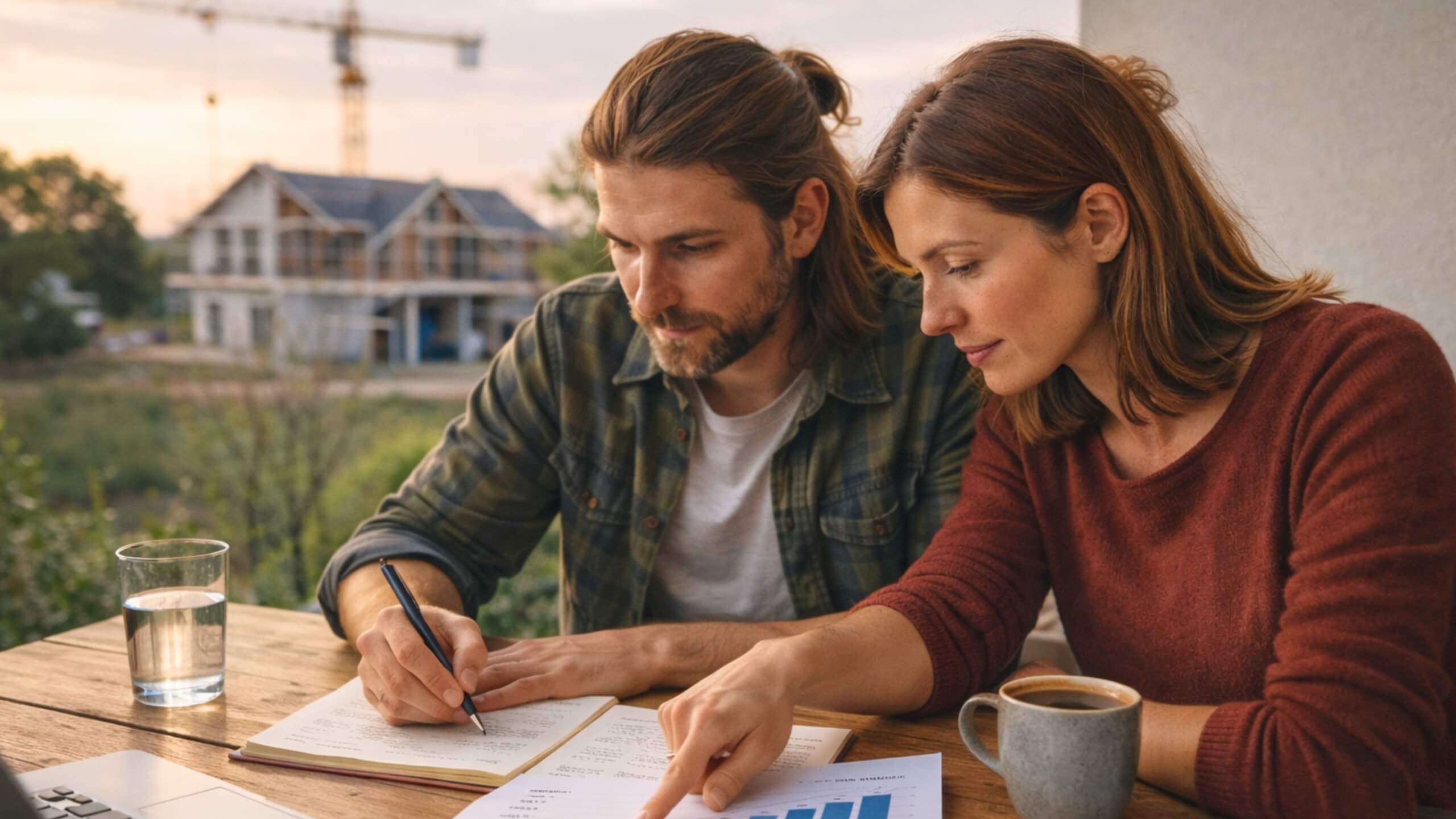 Paar bespricht Bausparvertrag zur Immobilienfinanzierung auf Terrasse mit Sparplan, Eigenkapitalaufbau und langfristiger Bauplanung vor Neubau im Hintergrund