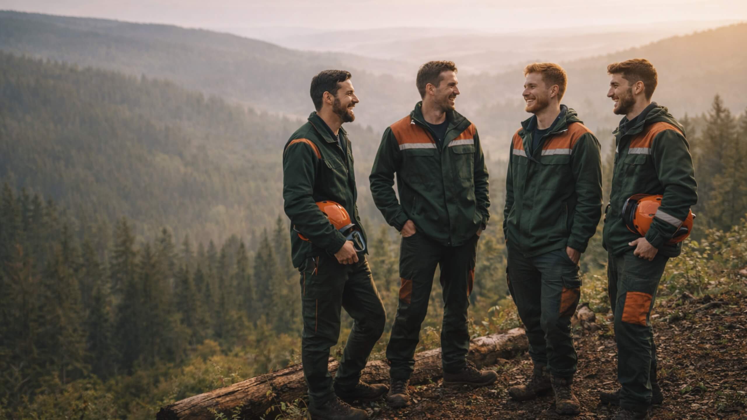 Vier junge Forstanwärter in Arbeitskleidung stehen lachend auf einer Anhöhe und blicken über eine weite Waldlandschaft – Symbolbild für Berufsstart und Absicherung durch Berufs- und Dienstunfähigkeitsversicherung.