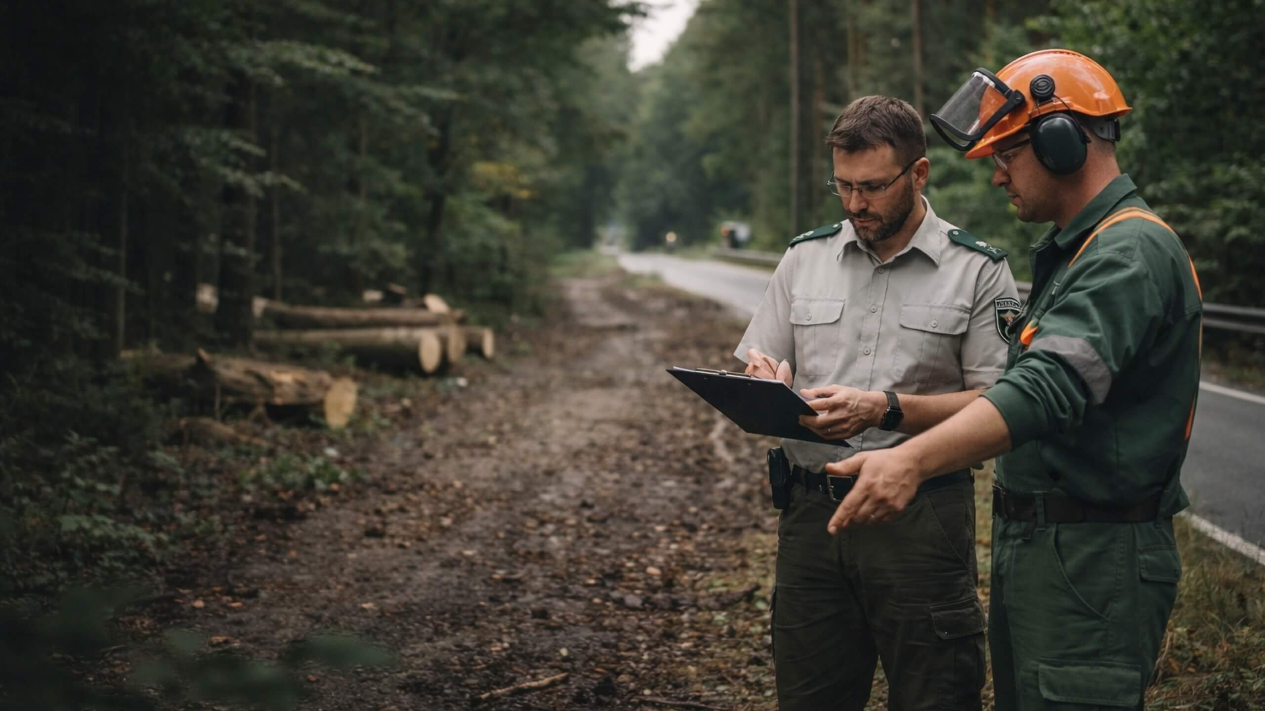 Forstbeamter und Waldarbeiter besprechen Arbeitssituation im Wald nahe einer Straße – Beispiel für Risiken und Haftung im Dienst, Diensthaftpflichtversicherung Forstbeamte