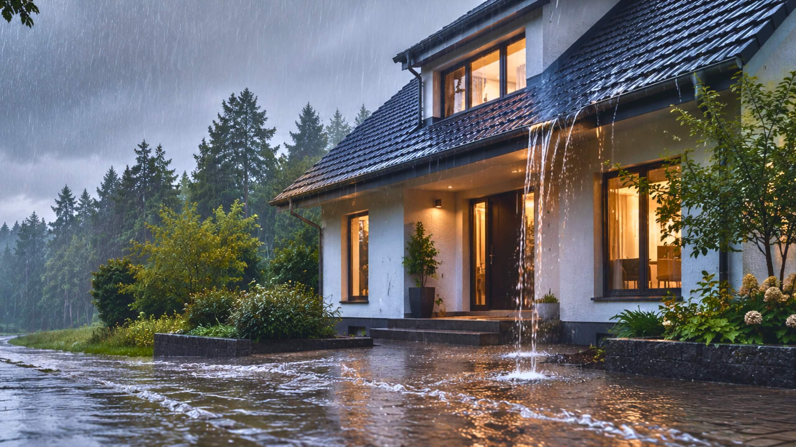 Modernes Wohnhaus bei Starkregen mit überlaufender Dachrinne – Elementarversicherung schützt vor Schäden durch Starkregen, Überschwemmung und Naturgefahren.