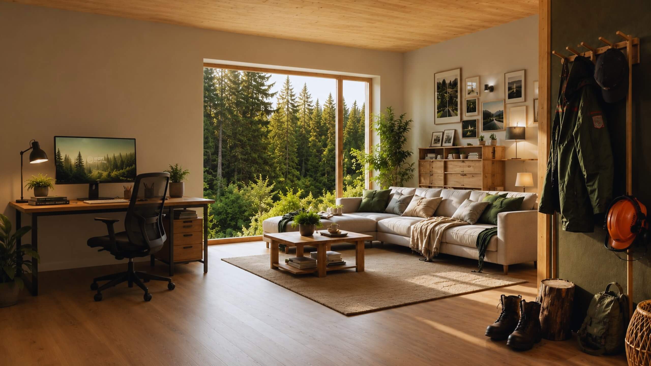 Modernes Wohnzimmer mit Homeoffice und Blick auf den Wald – Hausratversicherung schützt Möbel, Elektronik und persönlichen Hausrat vor Schäden durch Feuer, Leitungswasser, Sturm, Hagel und Einbruchdiebstahl.
