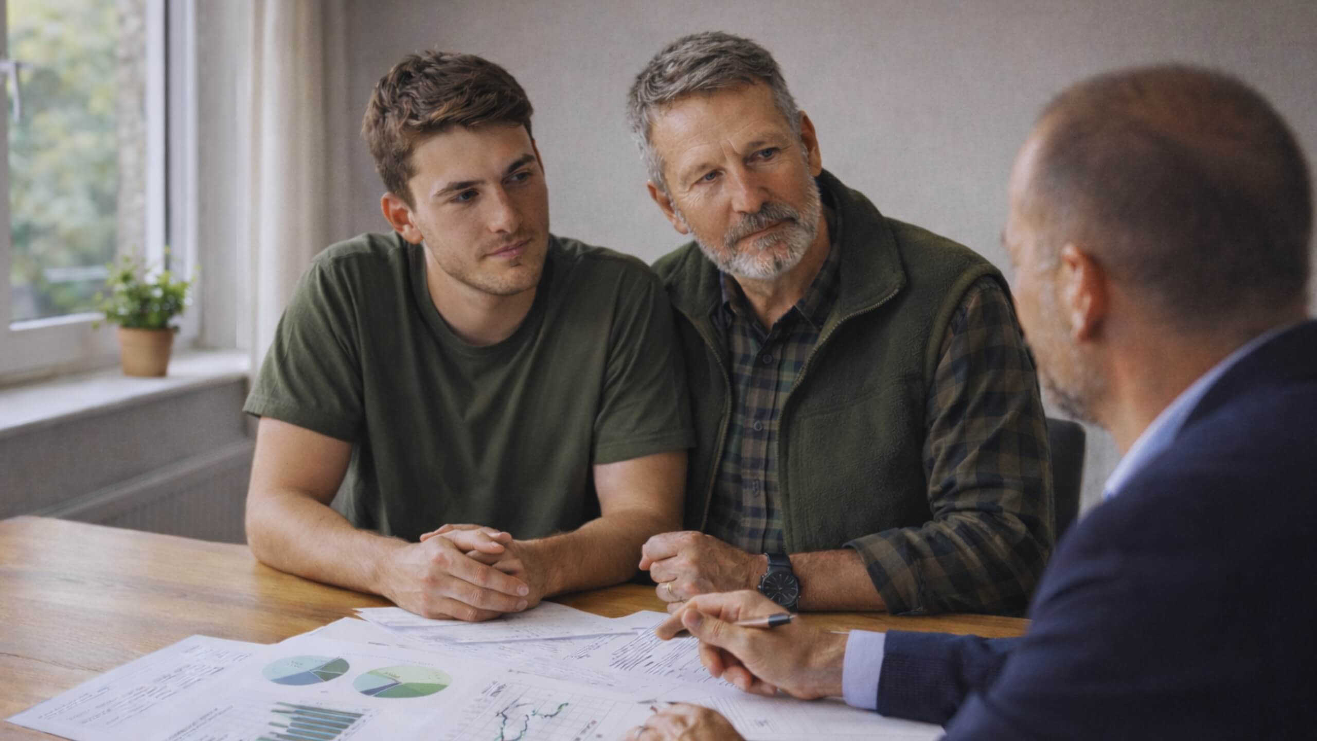 Junger Mann und sein Vater im Beratungsgespräch mit Finanzberater zur langfristigen Kapitalanlage und strukturiertem Vermögensaufbau in Deutschland.