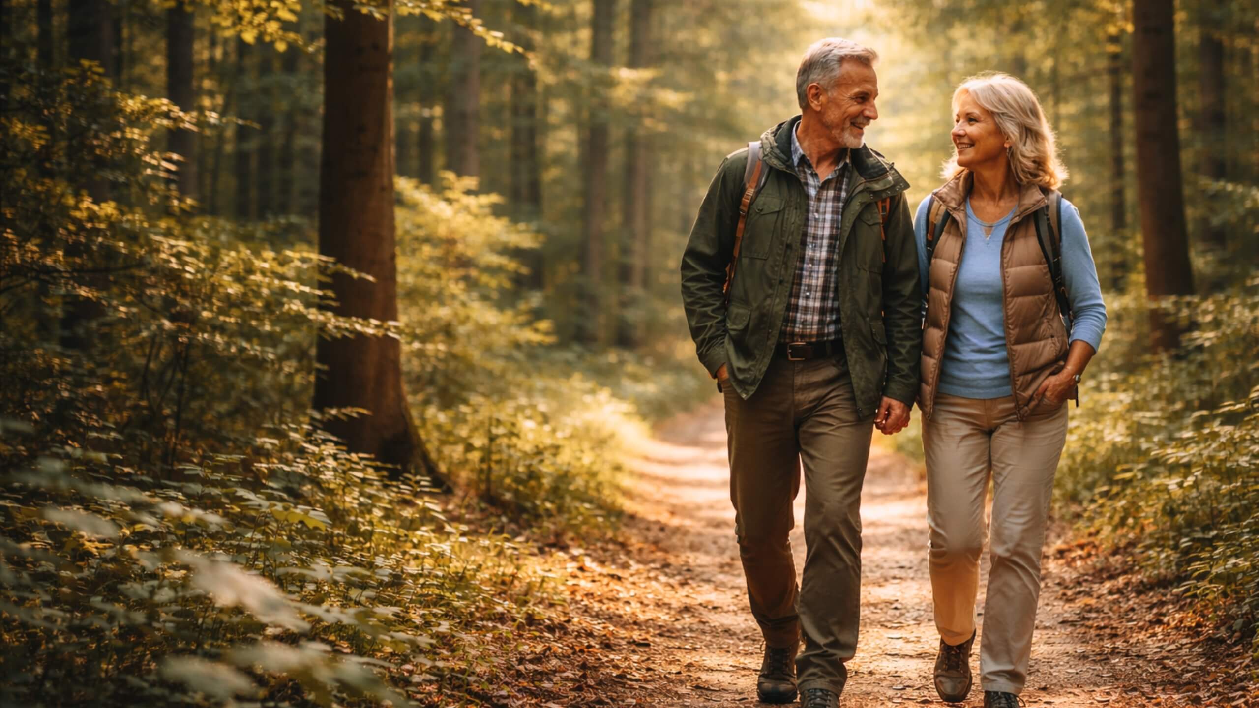 Älteres Paar geht gemeinsam über einen Waldweg im warmen Sonnenlicht – Sinnbild für einen sorgenfreien Ruhestand durch private Altersvorsorge.