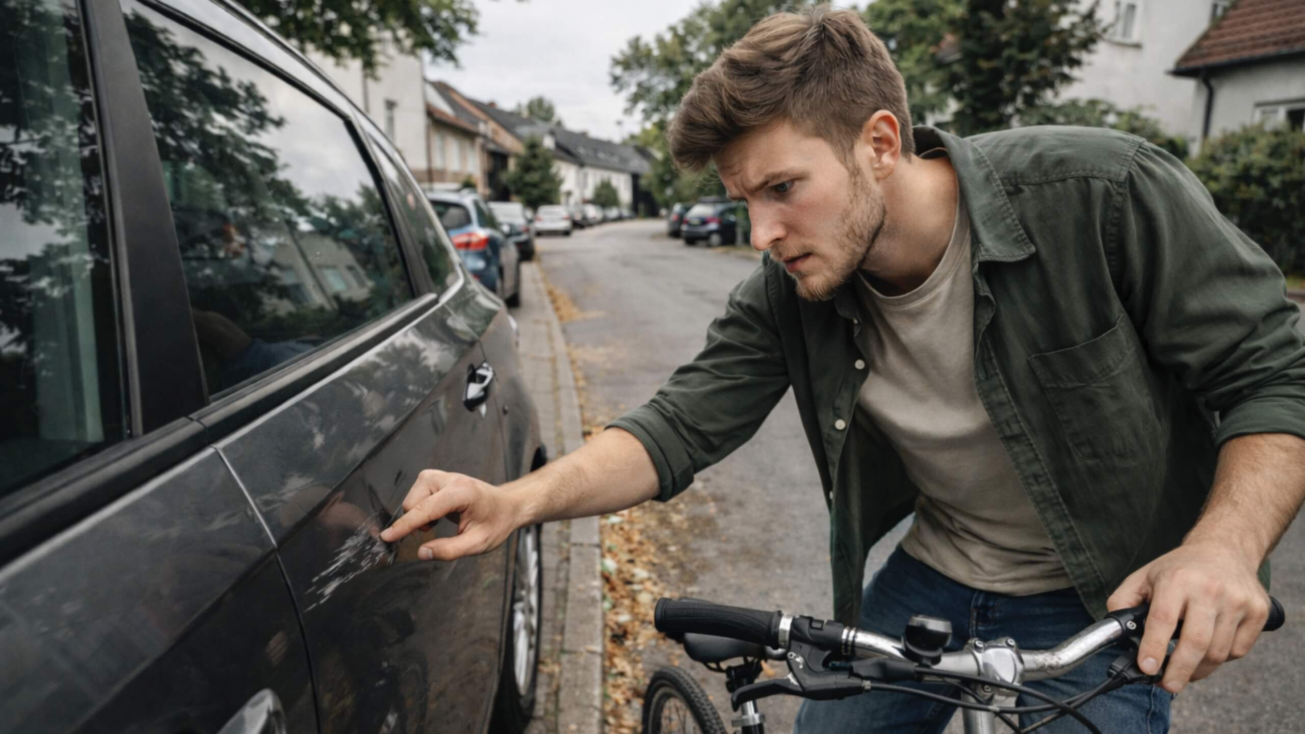 Person begutachtet Kratzer an geparktem Auto nach Fahrradkontakt – typischer Schadenfall für die private Haftpflichtversicherung