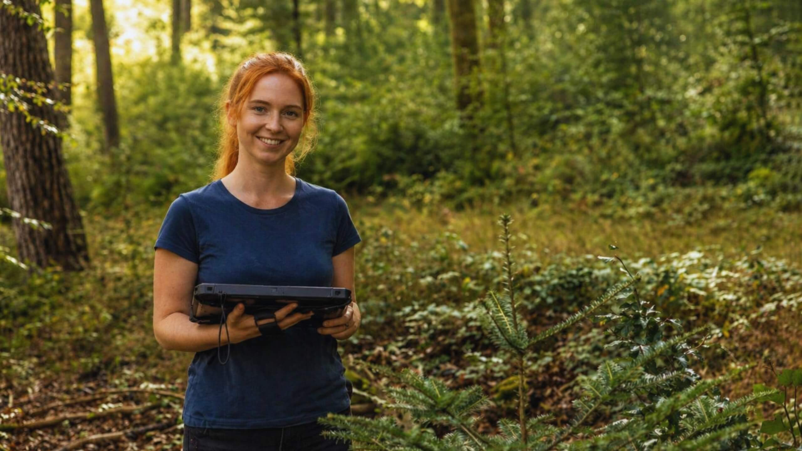 Forstbeamtin mit Tablet im Wald – private Krankenversicherung für Beamte im Forstdienst