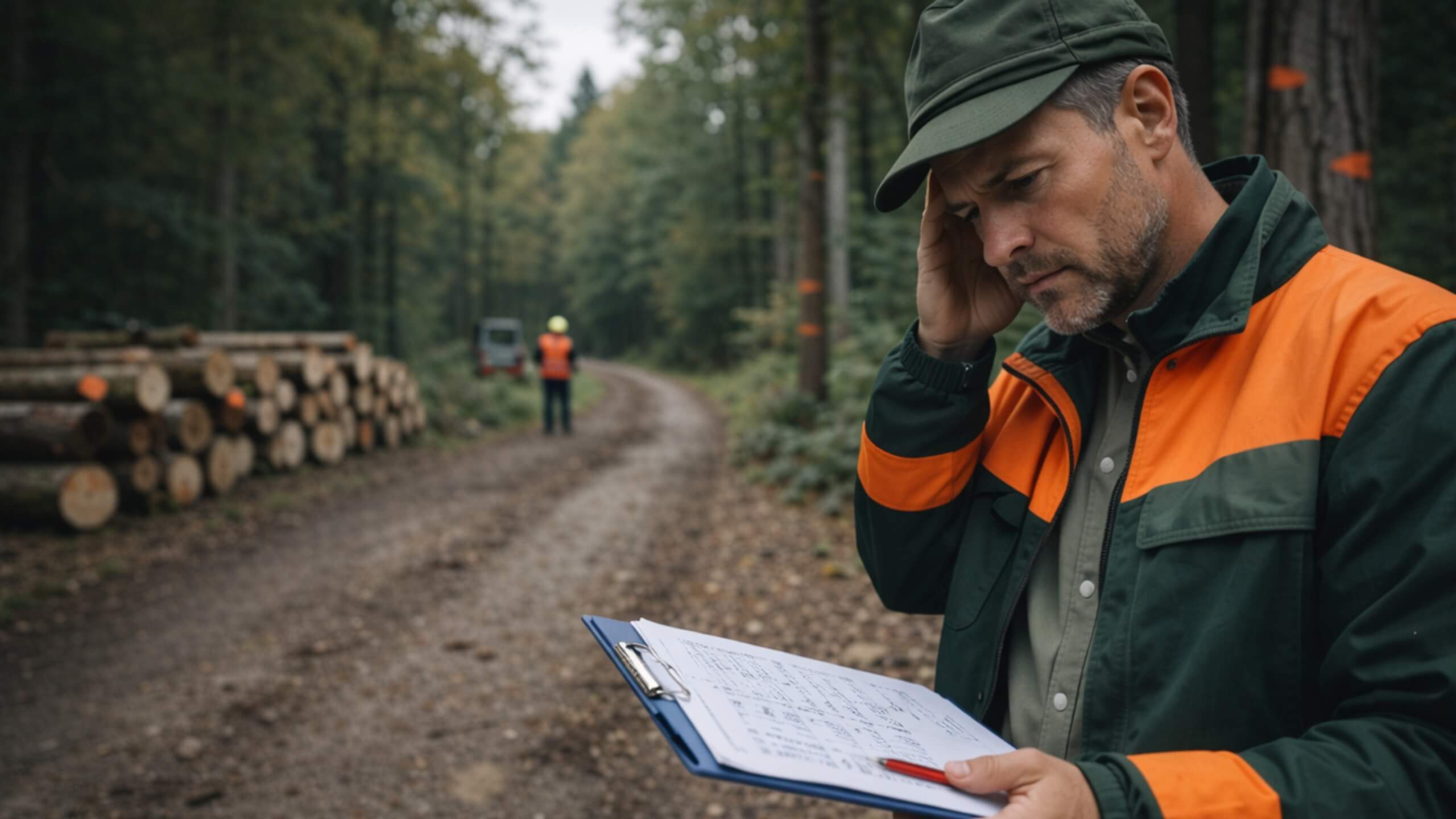 Forstbeamter mit nachdenklichem Blick bei der Holzernte im Wald, prüft Situation nach möglicher Fehlentscheidung mit finanziellen Folgen im beruflichen Kontext