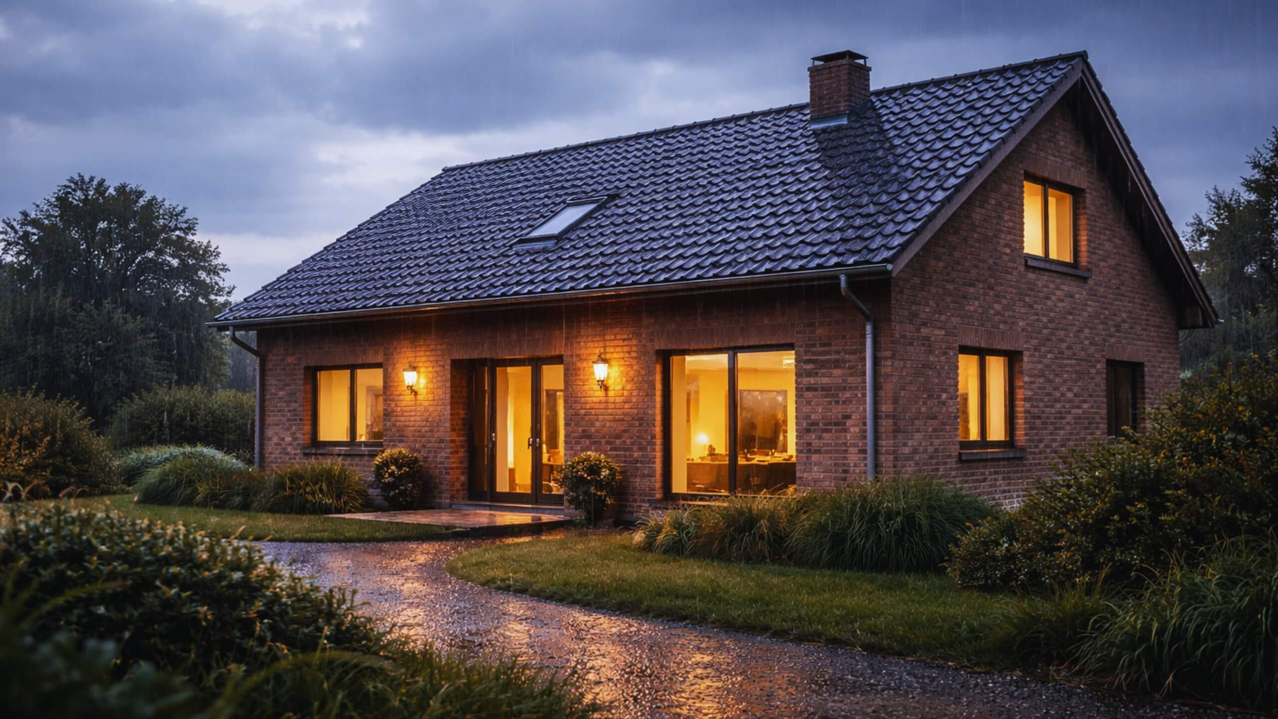 Einfamilienhaus in ländlicher Umgebung bei starkem Regen – Wohngebäudeversicherung gegen Sturm- und Wetterschäden.